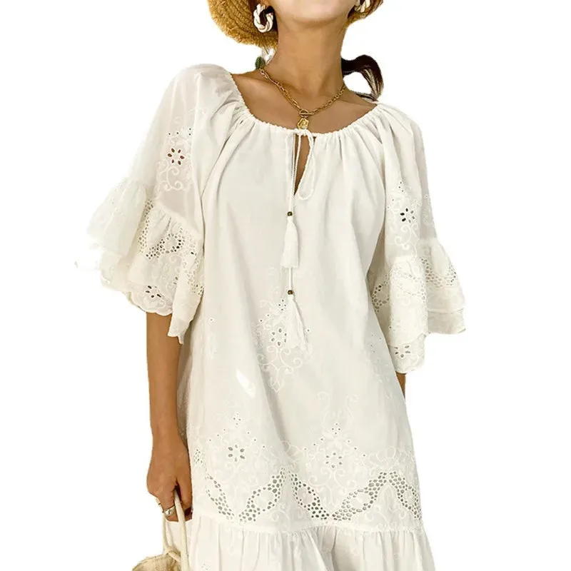 2024 Spring White Mini Summer Dress Solid Color Cotton Loose Waist White Lace Pullover Vacation Style Dress