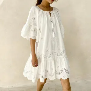 2024 Spring White Mini Summer Dress Solid Color Cotton Loose Waist White Lace Pullover Vacation Style Dress