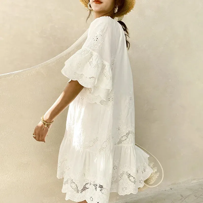 2024 Spring White Mini Summer Dress Solid Color Cotton Loose Waist White Lace Pullover Vacation Style Dress