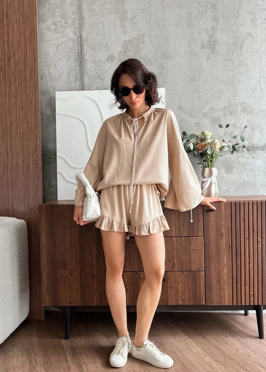 Azure Lounge Set – Light Blue Long Sleeve Top & Ruffled Shorts