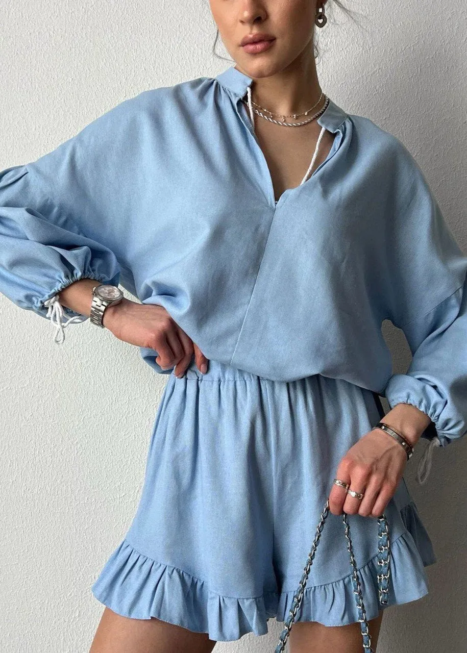 Azure Lounge Set – Light Blue Long Sleeve Top & Ruffled Shorts