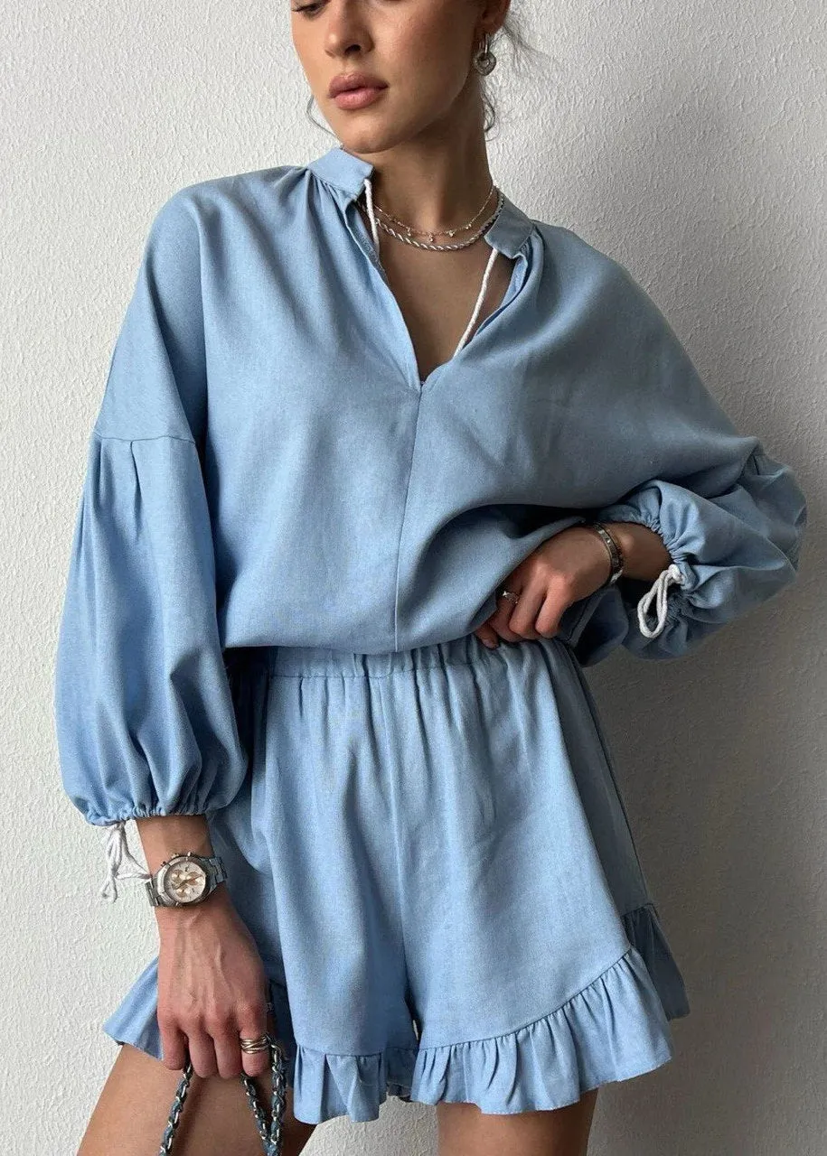 Azure Lounge Set – Light Blue Long Sleeve Top & Ruffled Shorts