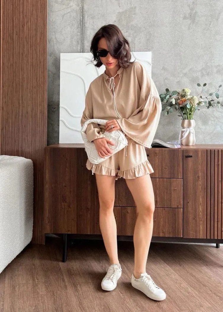 Azure Lounge Set – Light Blue Long Sleeve Top & Ruffled Shorts