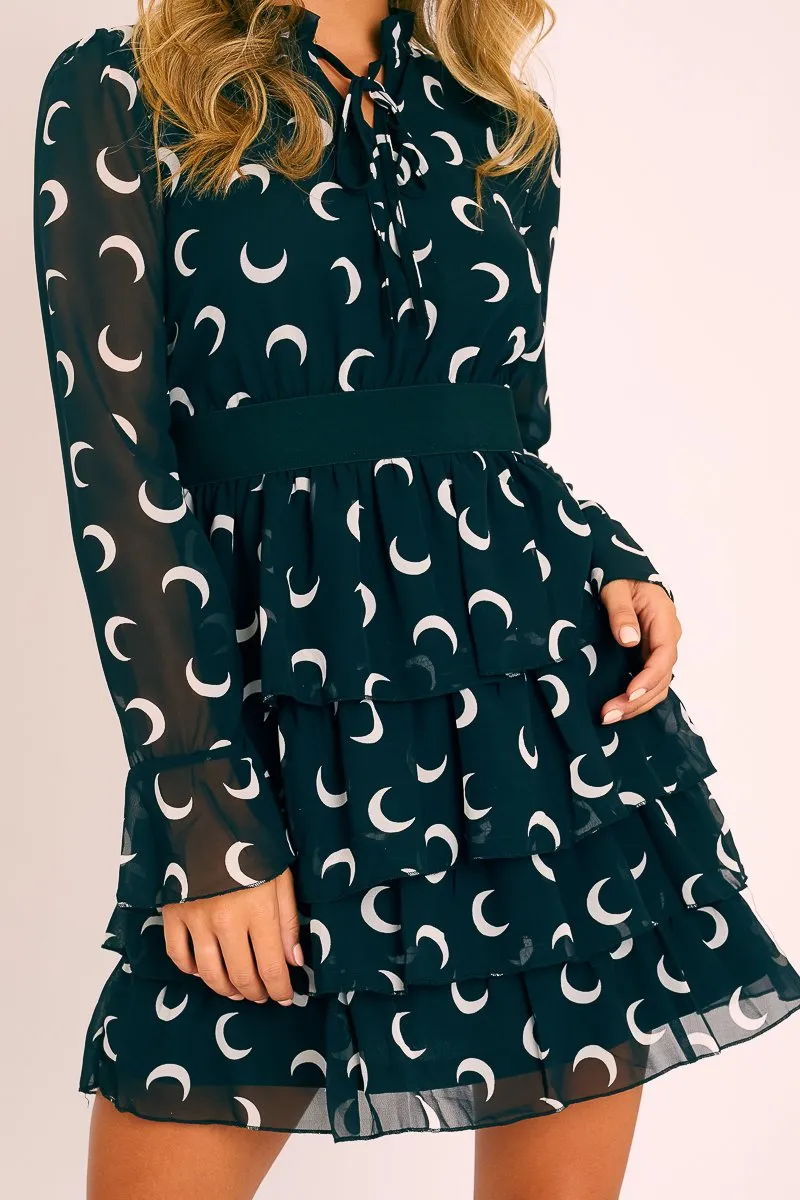 Black Moon Print High Neck Smock Dress - Lella