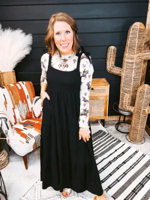 Black Square Neck Maxi Dress with Shoulder Tie
