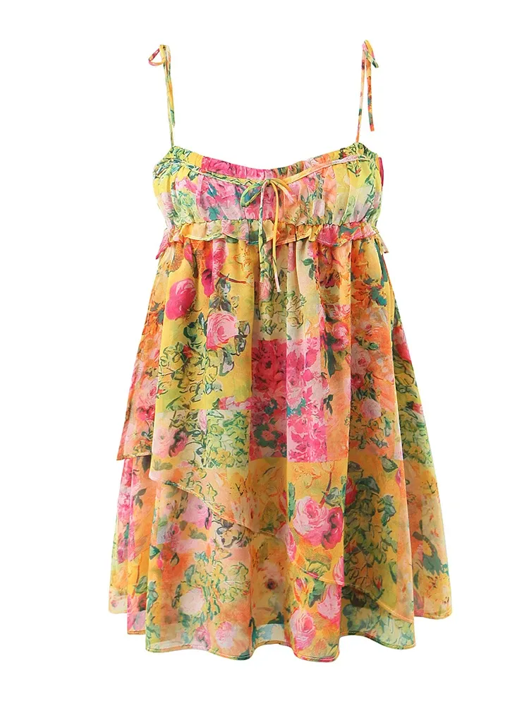 Bohemian Floral Suspender Mini Dress – Sexy Sleeveless Holiday Beach Dress for Women in Multicolor Summer Print