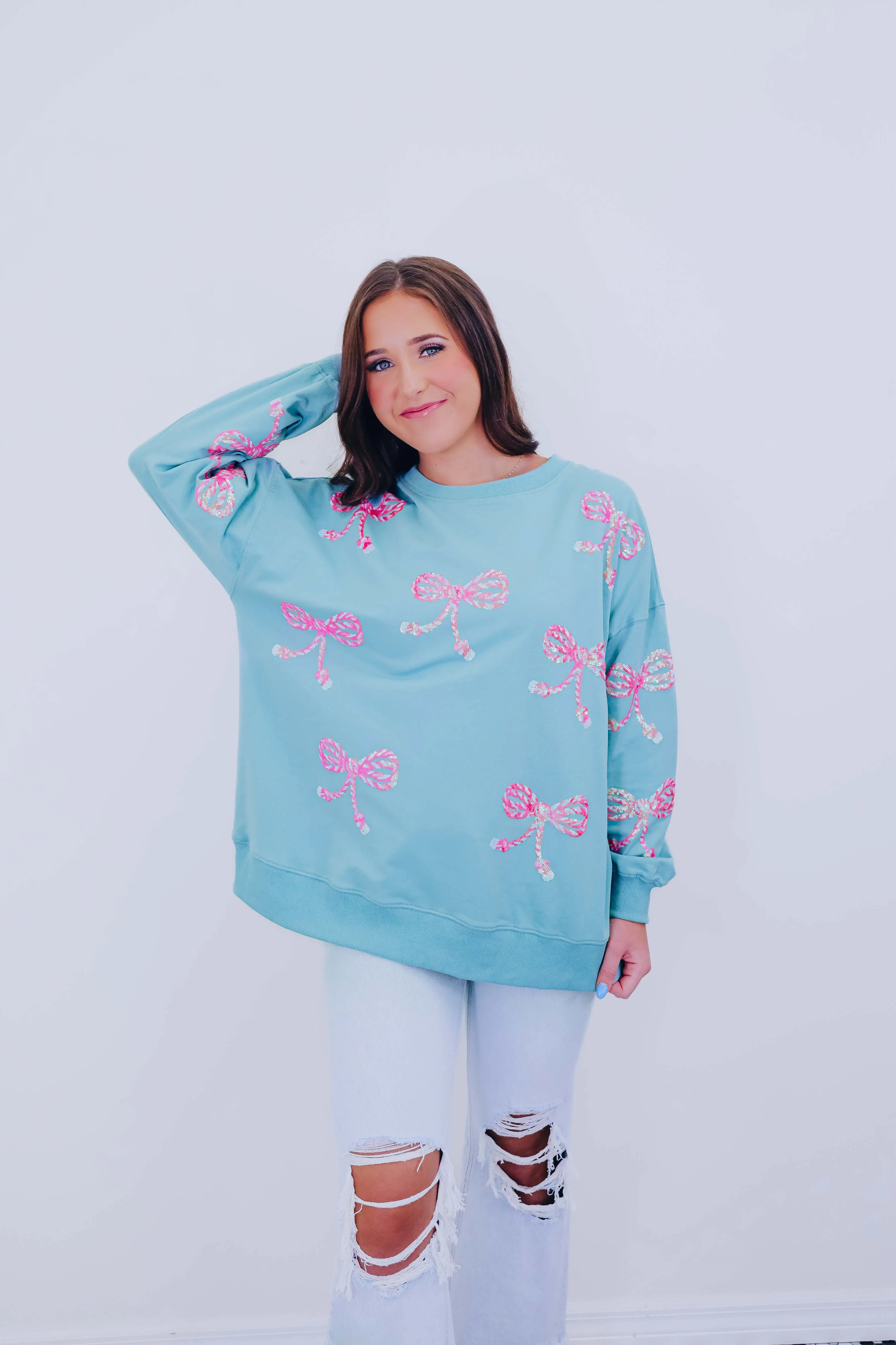 Candy Cane Bow Sequin Patch Sweatshirt -2 Colors