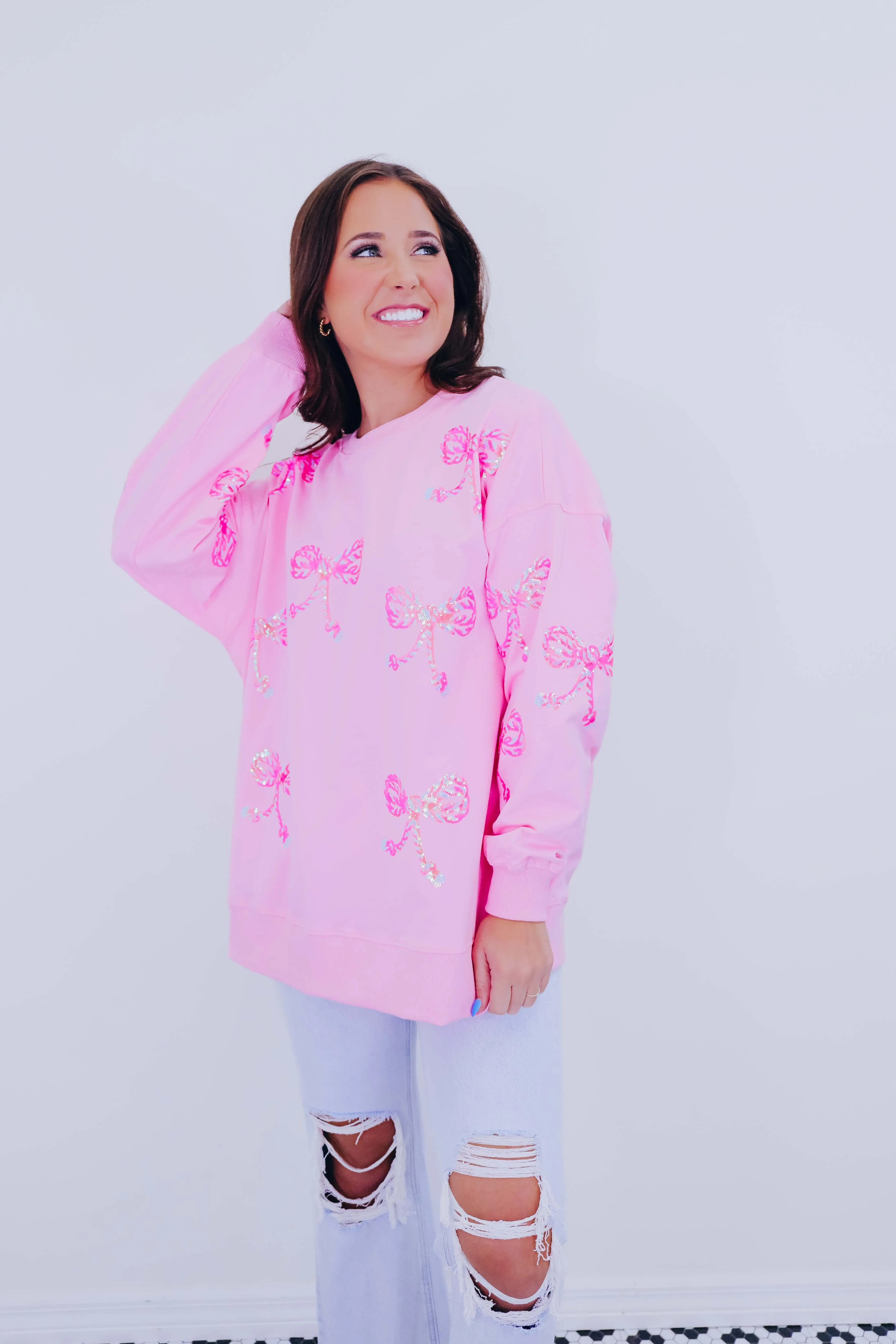 Candy Cane Bow Sequin Patch Sweatshirt -2 Colors