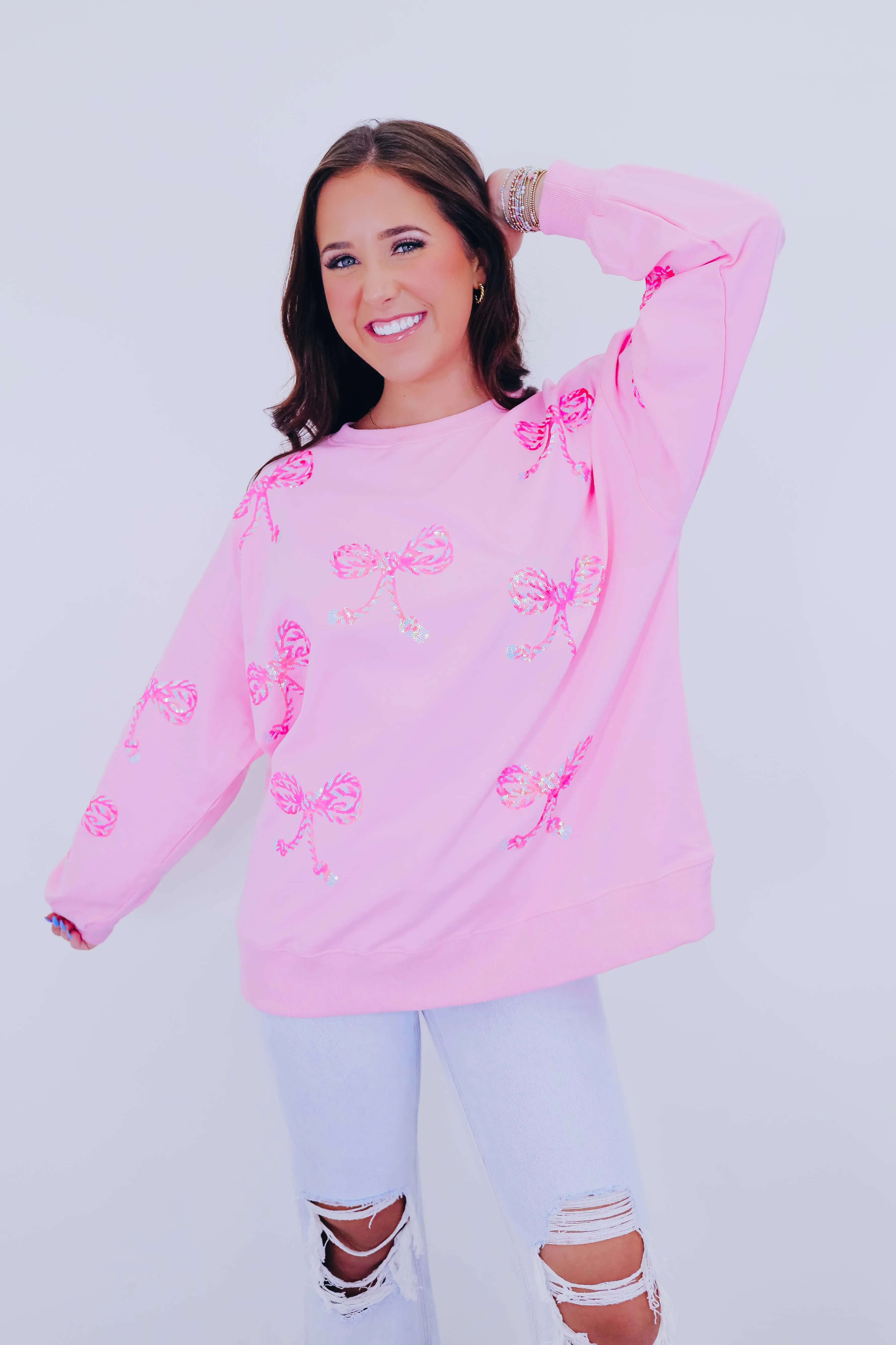Candy Cane Bow Sequin Patch Sweatshirt -2 Colors