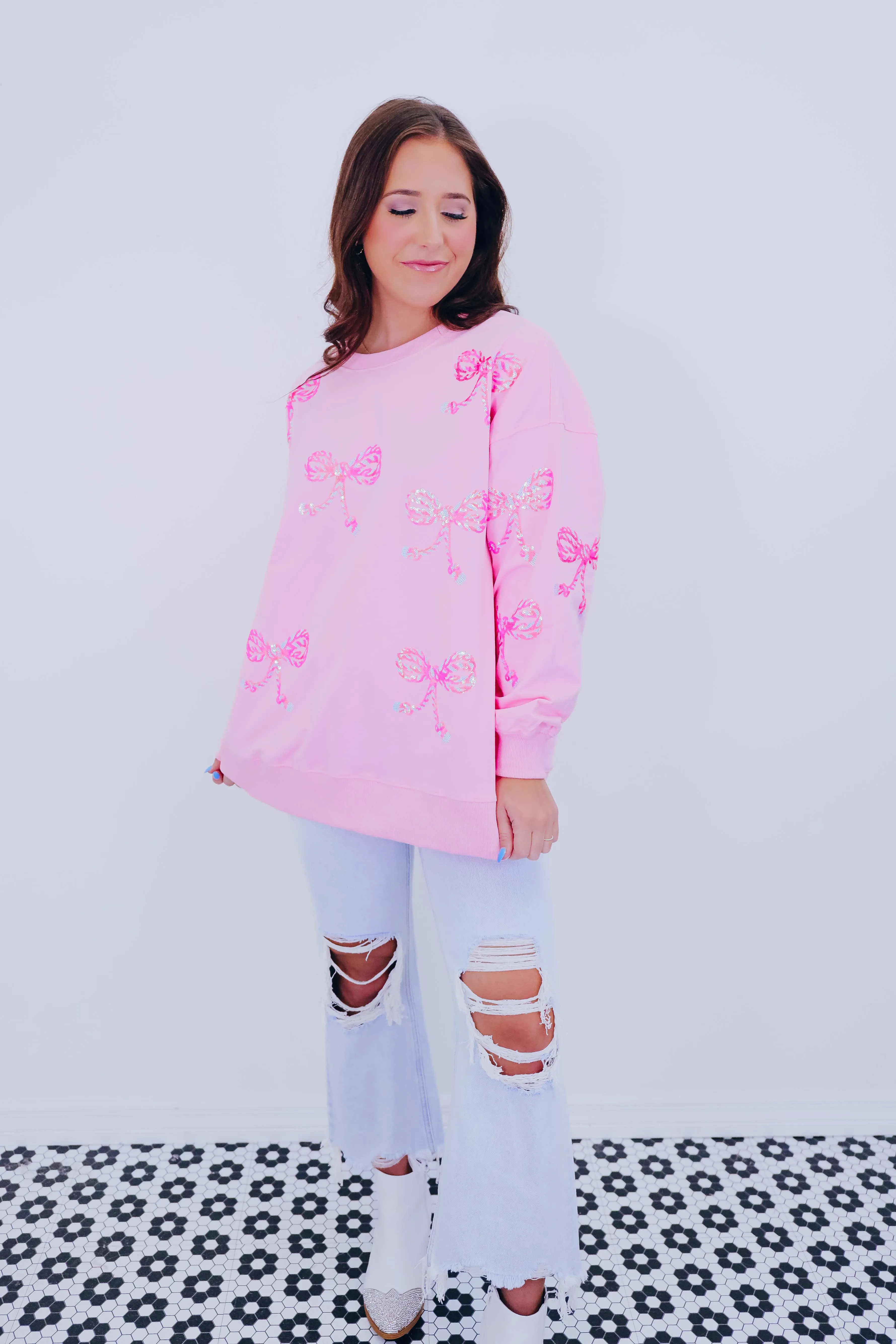 Candy Cane Bow Sequin Patch Sweatshirt -2 Colors