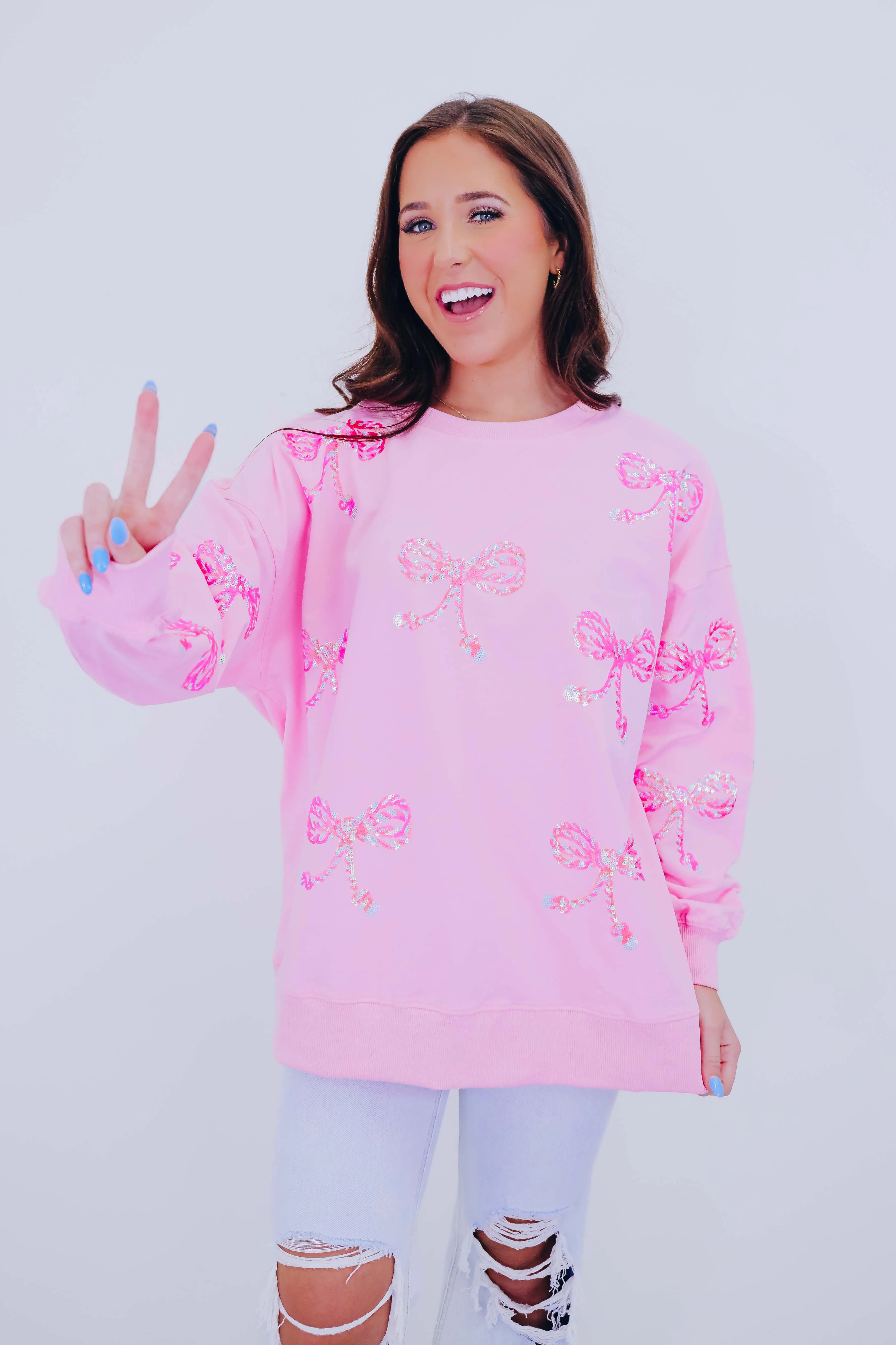 Candy Cane Bow Sequin Patch Sweatshirt -2 Colors