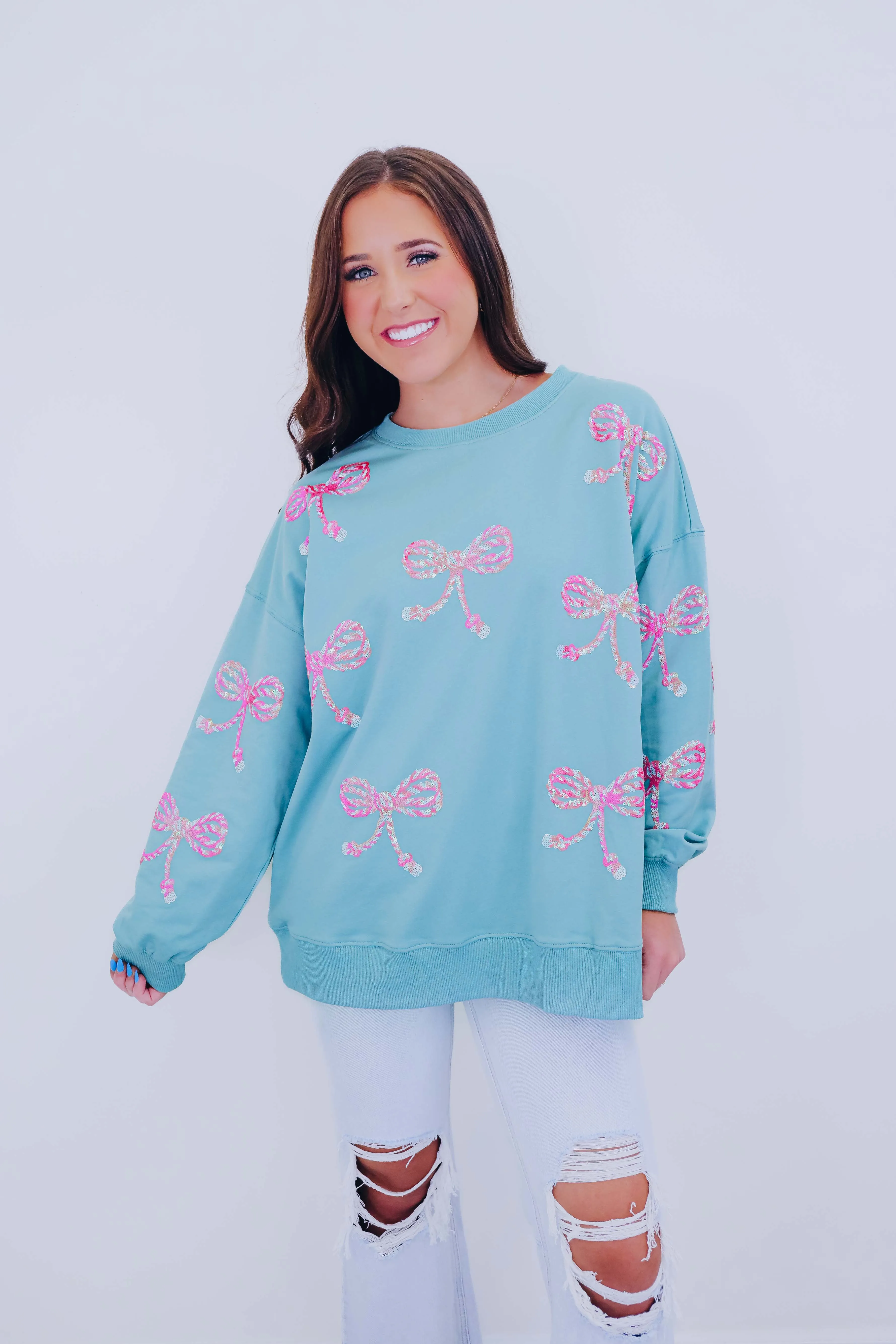 Candy Cane Bow Sequin Patch Sweatshirt -2 Colors