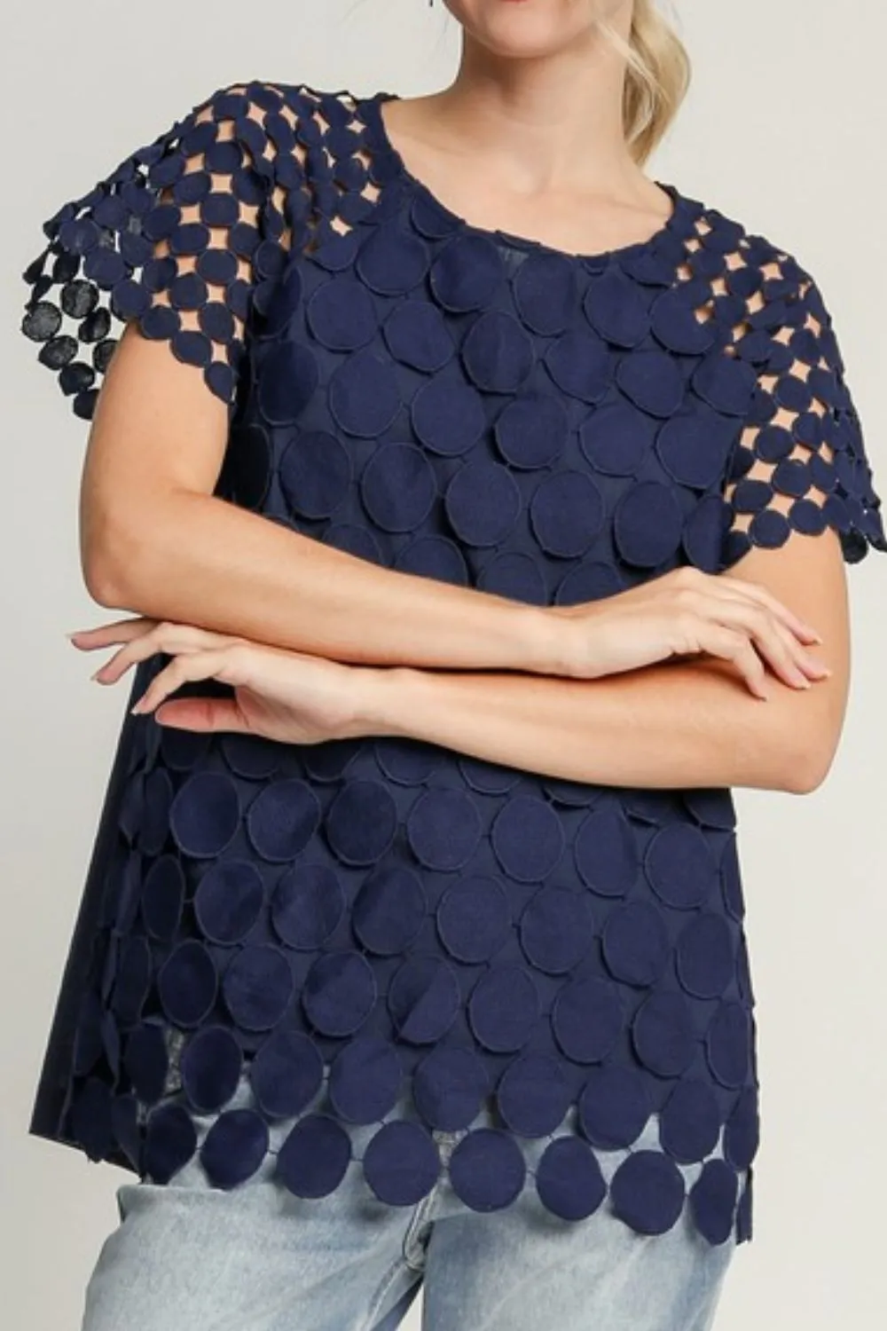 Chic And Breezy—Umgee Plus Size Polka Dot Raglan Lace Top 2025