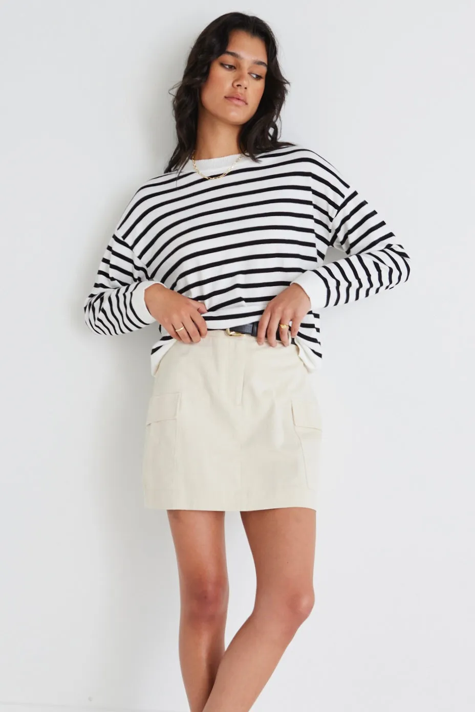 Clear Breton White Black Stripe Crew Neck Jumper