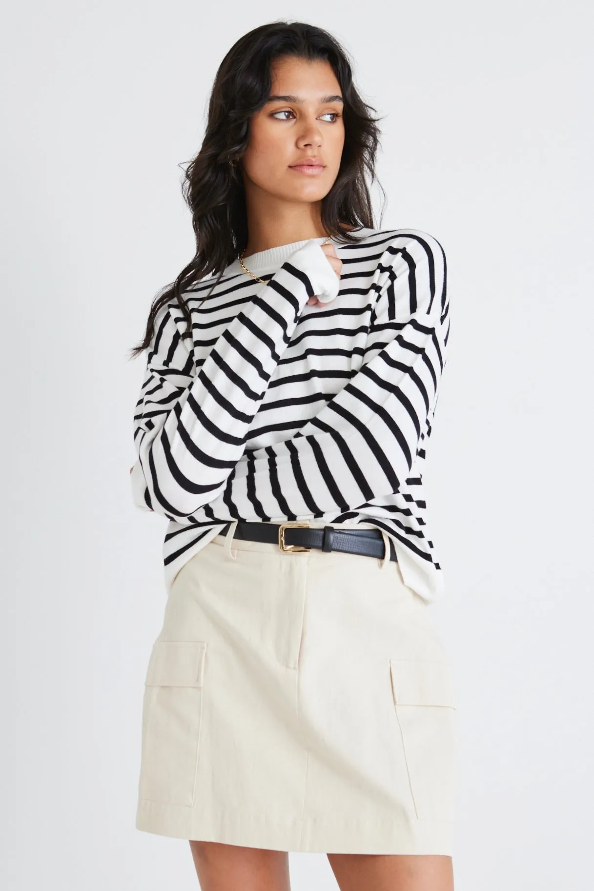Clear Breton White Black Stripe Crew Neck Jumper