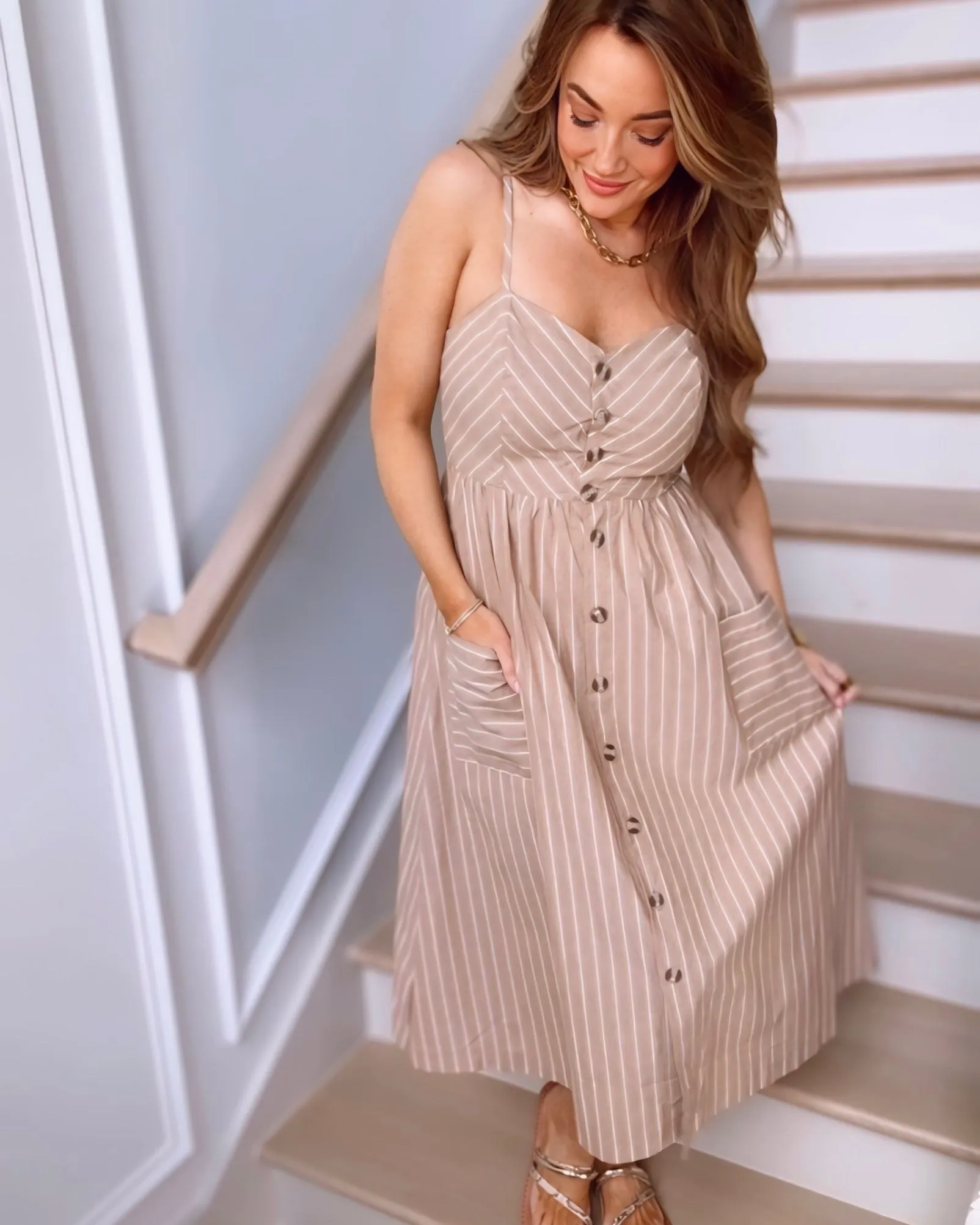 Coffee Shop Date Striped Linen Midi Dress