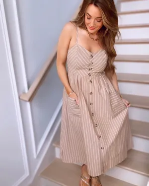 Coffee Shop Date Striped Linen Midi Dress