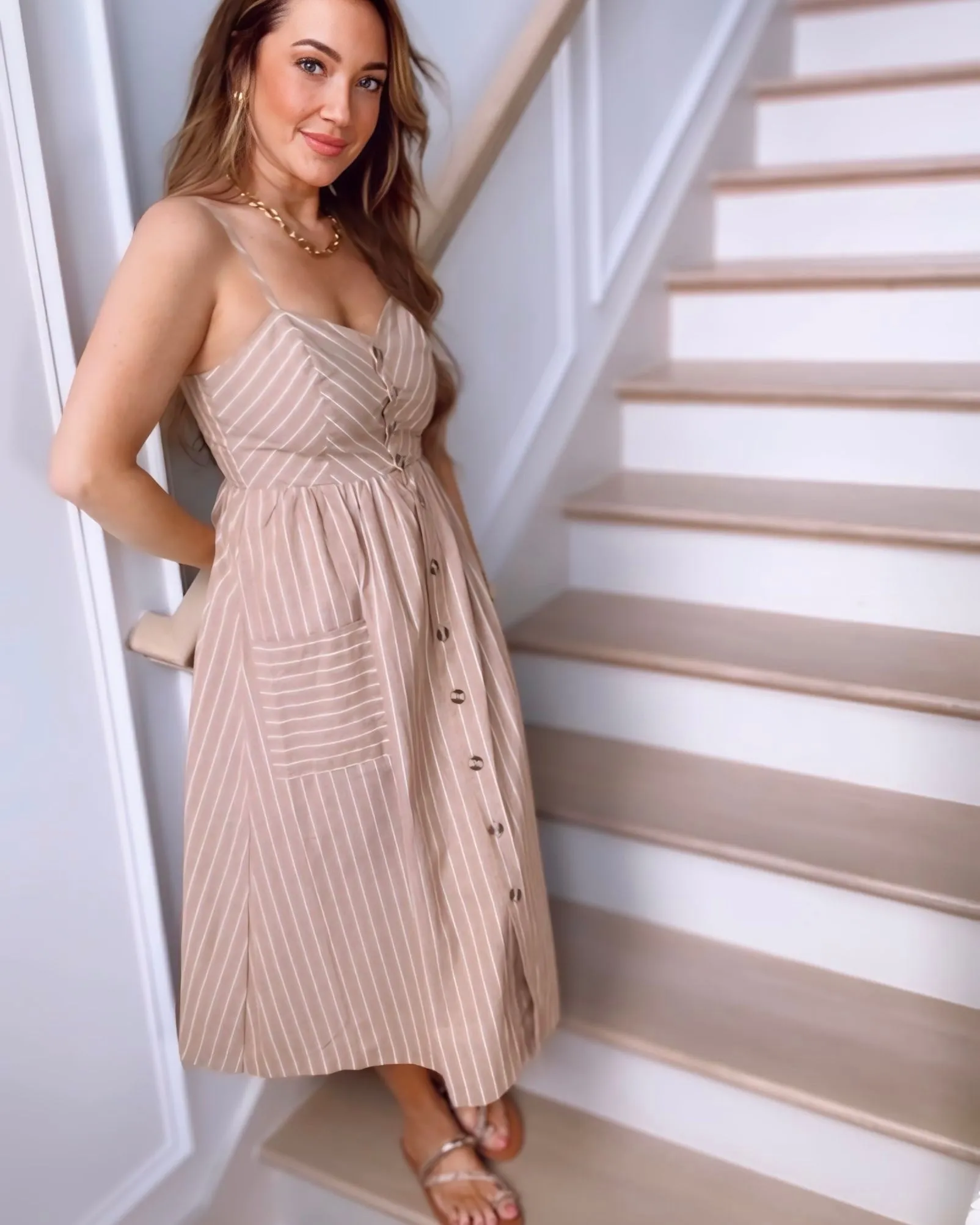 Coffee Shop Date Striped Linen Midi Dress