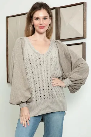 Cozy Chic Cable Knit Long Puff Balloon Sleeve V-Neck Sweater