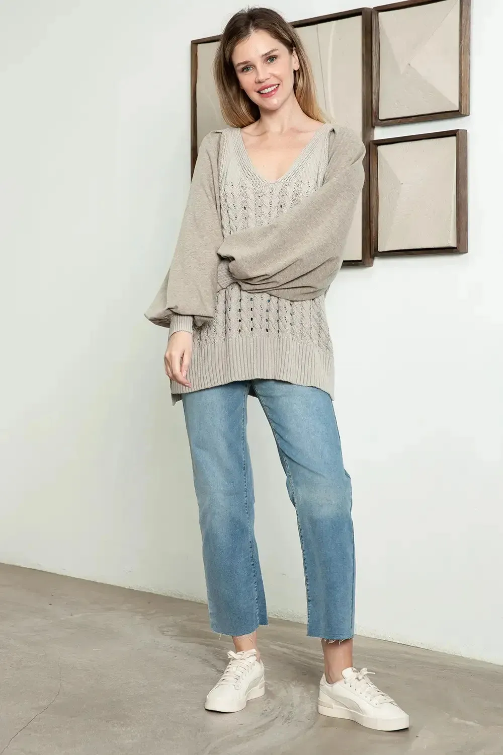 Cozy Chic Cable Knit Long Puff Balloon Sleeve V-Neck Sweater
