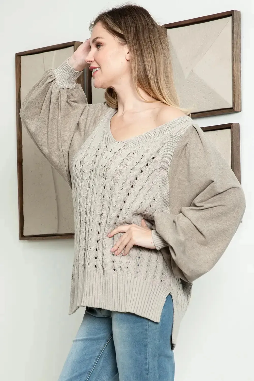 Cozy Chic Cable Knit Long Puff Balloon Sleeve V-Neck Sweater