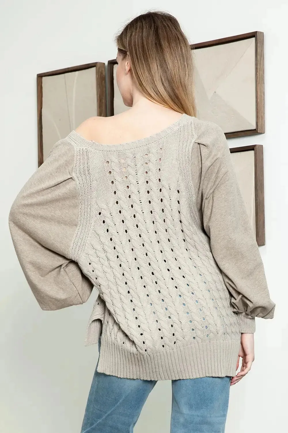 Cozy Chic Cable Knit Long Puff Balloon Sleeve V-Neck Sweater