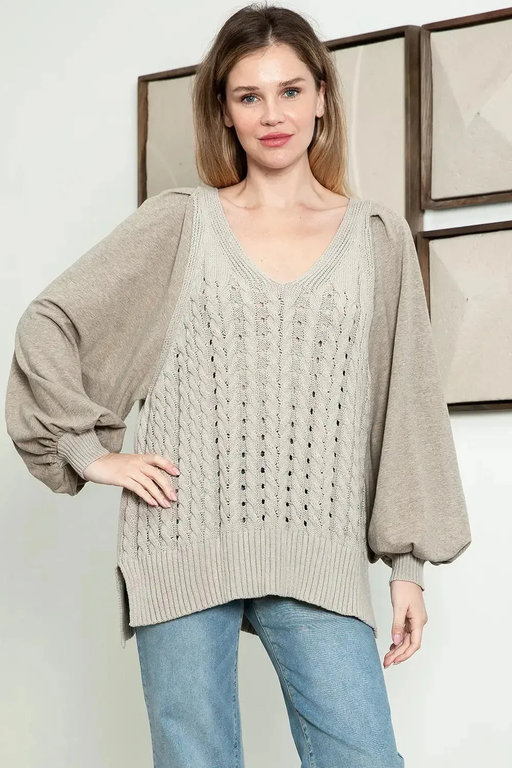 Cozy Chic Cable Knit Long Puff Balloon Sleeve V-Neck Sweater