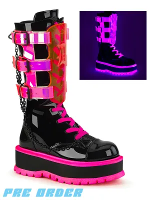 DEMONIA SLACKER-156 - BLACK PATENT & UV NEON PINK ✰ PRE ORDER ✰