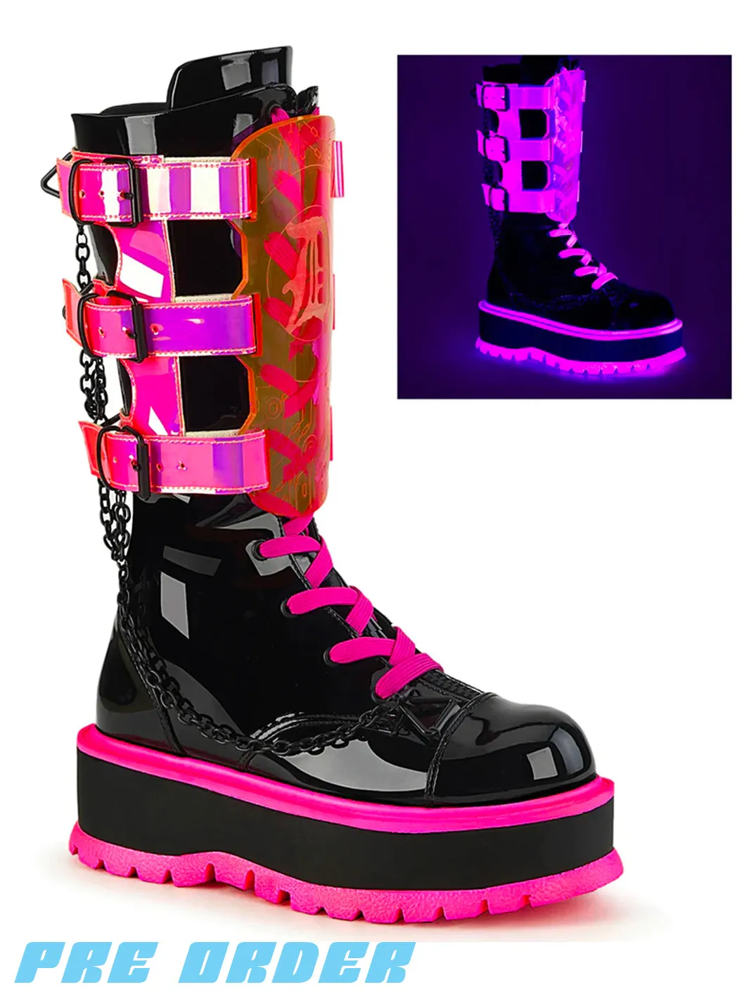 DEMONIA SLACKER-156 - BLACK PATENT & UV NEON PINK ✰ PRE ORDER ✰