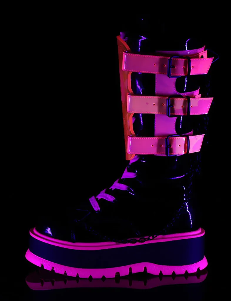 DEMONIA SLACKER-156 - BLACK PATENT & UV NEON PINK ✰ PRE ORDER ✰