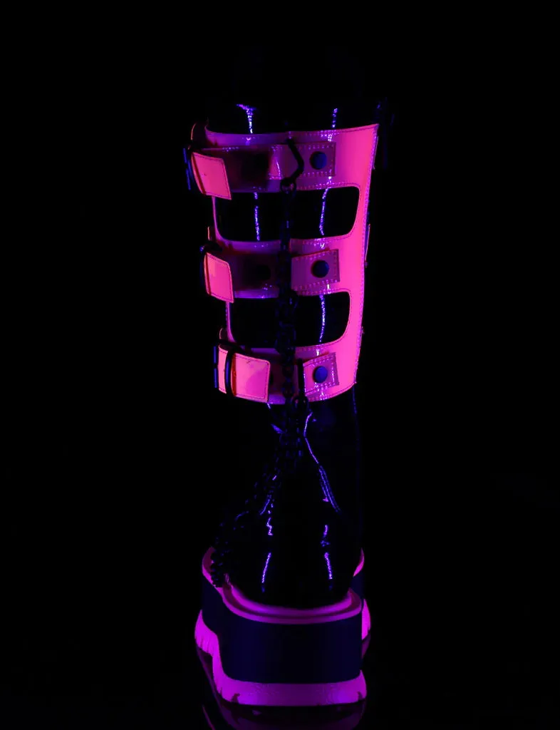 DEMONIA SLACKER-156 - BLACK PATENT & UV NEON PINK ✰ PRE ORDER ✰