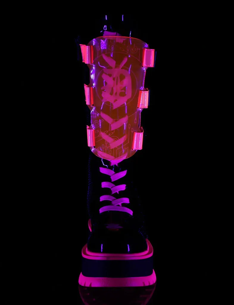 DEMONIA SLACKER-156 - BLACK PATENT & UV NEON PINK ✰ PRE ORDER ✰