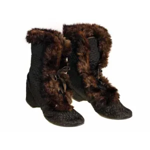 Edwardian Quilted Silk/Leather Fur Trim High Boots 1919 Daniel Green