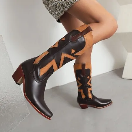 Embroidered Chunky Heel Boots Western Cowboy Boots