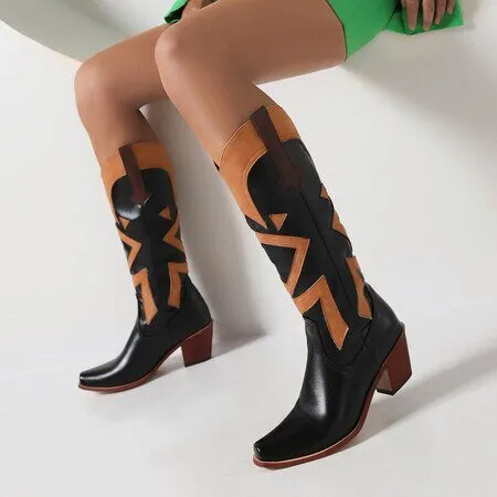 Embroidered Chunky Heel Boots Western Cowboy Boots