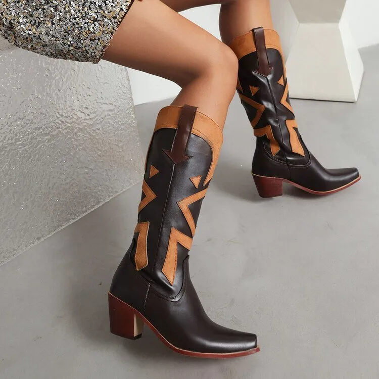 Embroidered Chunky Heel Boots Western Cowboy Boots