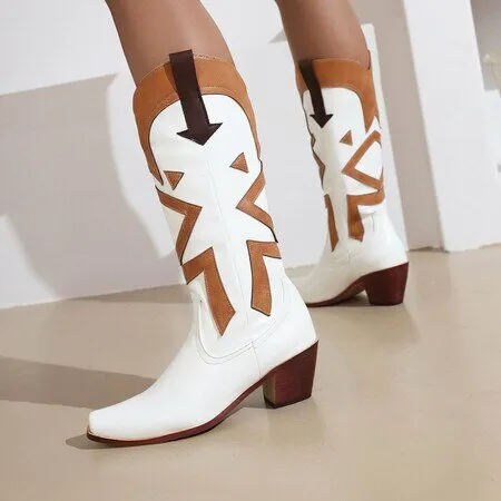 Embroidered Chunky Heel Boots Western Cowboy Boots