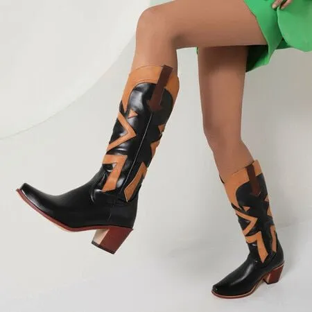Embroidered Chunky Heel Boots Western Cowboy Boots