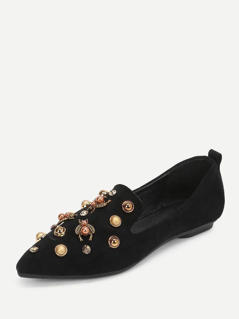 Faux Pearl Decorated Pointed Toe Flats