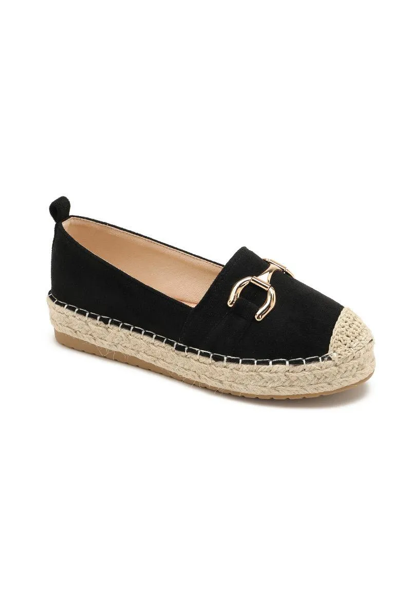 FAUX SUEDE FLAT GOLD METAL DETAIL ESPADRILLE MULES IN BLACK