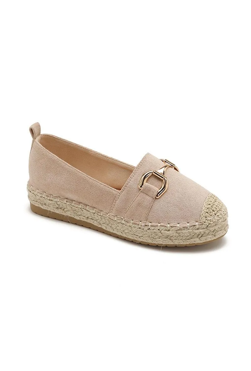FAUX SUEDE FLAT GOLD METAL DETAIL ESPADRILLE MULES IN KHAKI