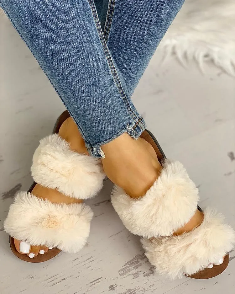Fluffy Design Open Toe Flat Shoes