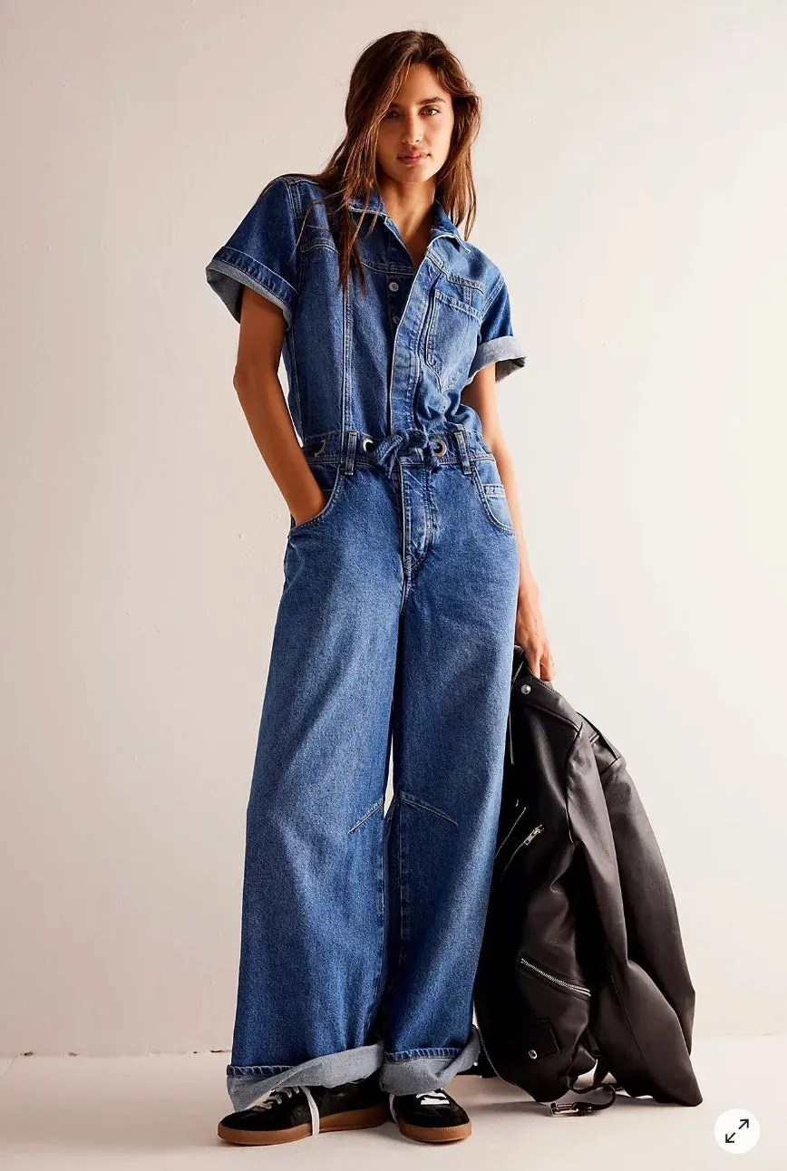 Free People Edison Wideleg Coverall - Cape Blue
