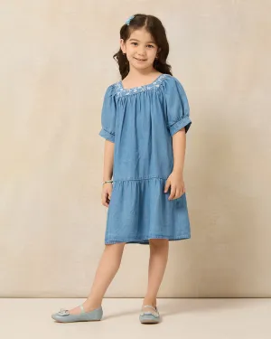 Girls Blue Embroidered Dress