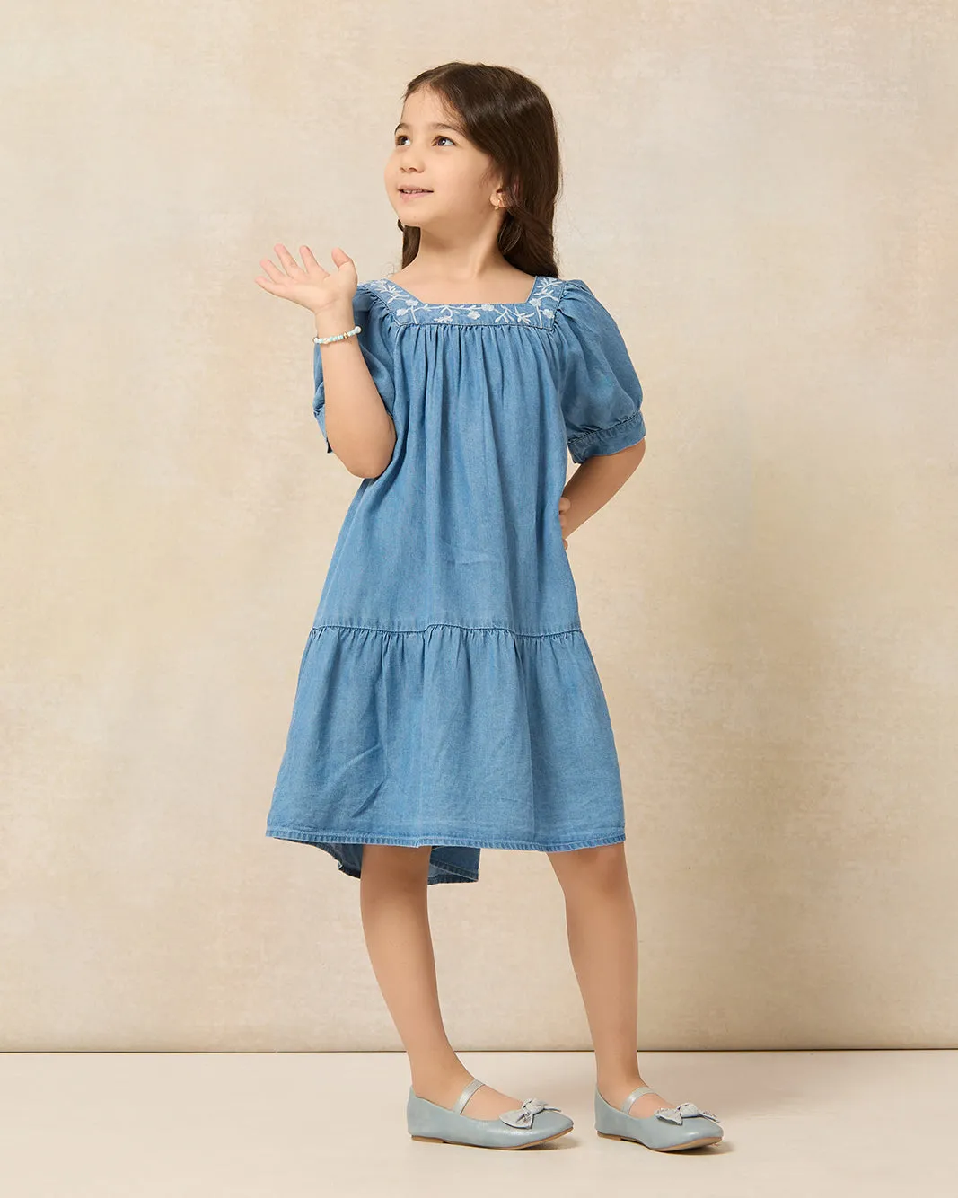 Girls Blue Embroidered Dress