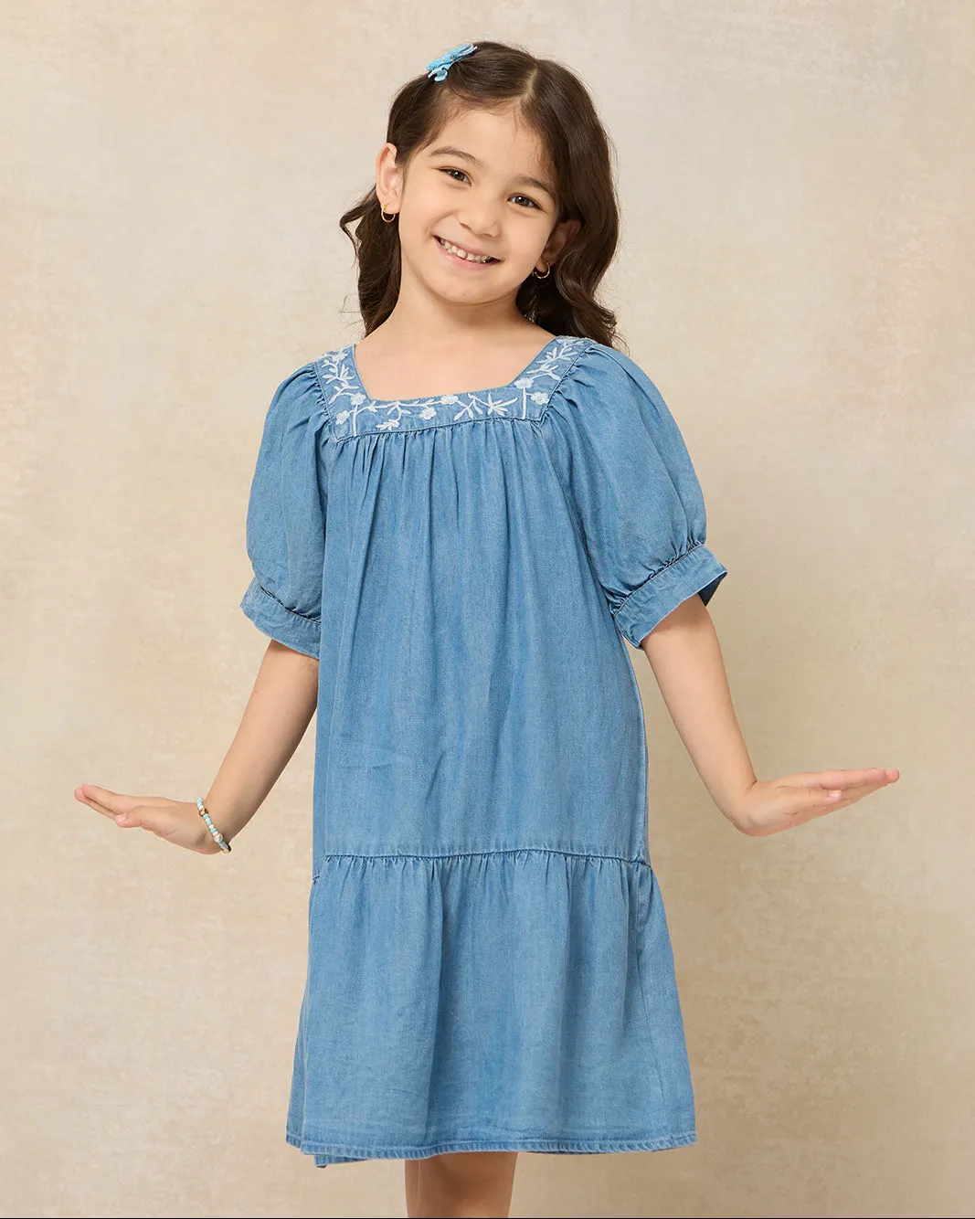 Girls Blue Embroidered Dress
