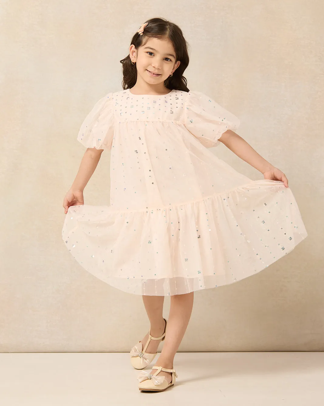 Girls Pink Sequins Embellished Dress