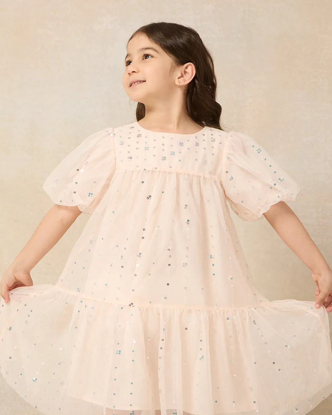 Girls Pink Sequins Embellished Dress