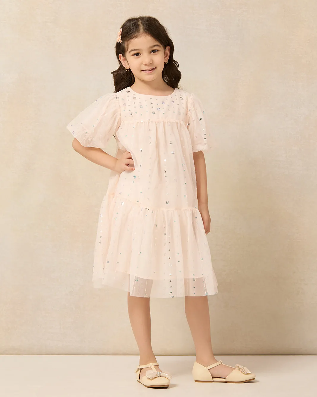 Girls Pink Sequins Embellished Dress