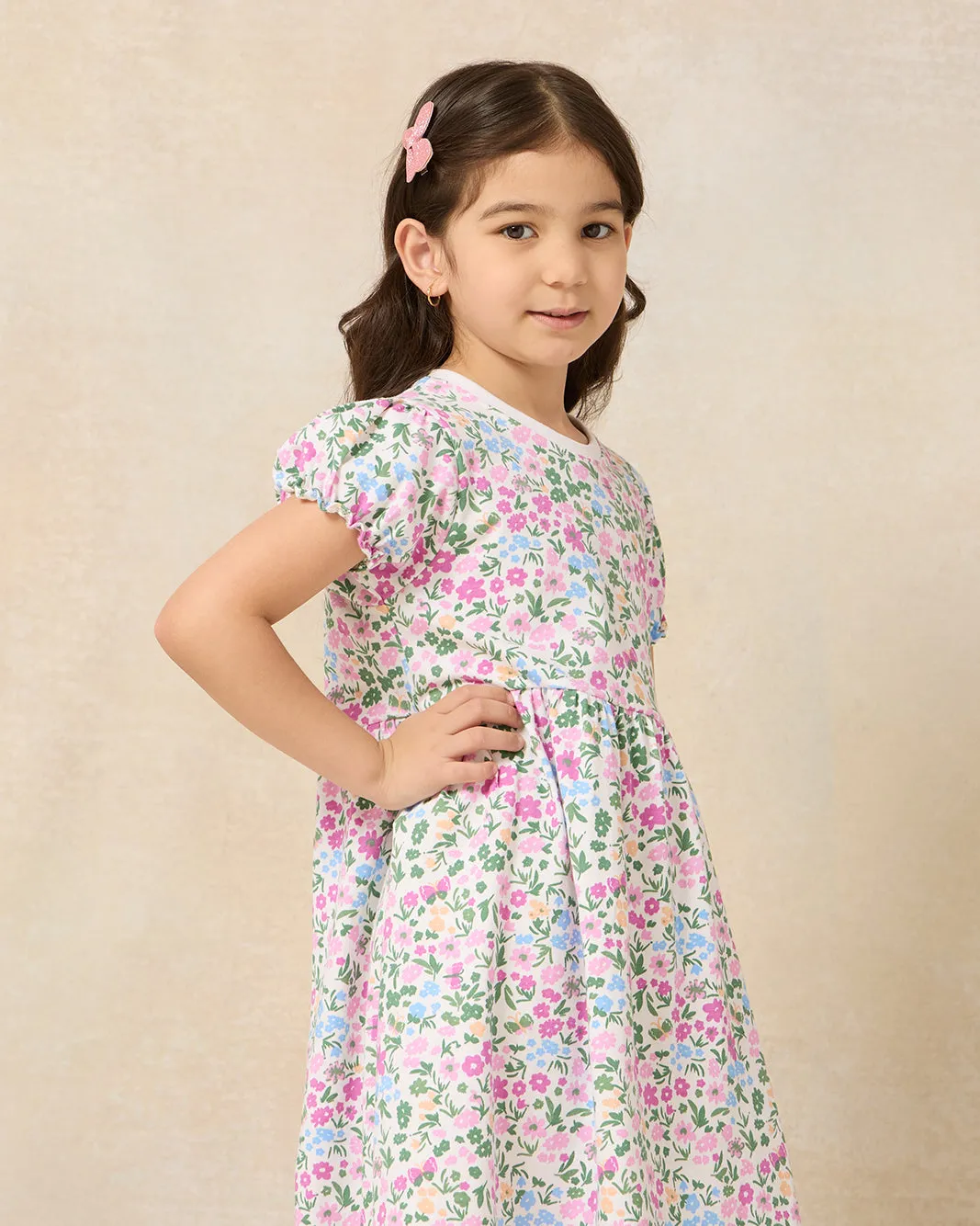 Girls White Floral Balloon Sleeve Knit Dress